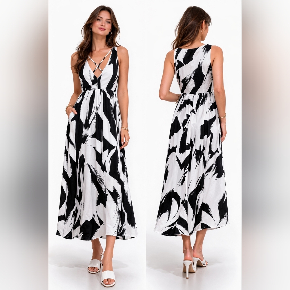 DKNY Sleeveless Black & White Maxi Dress – Size Medium